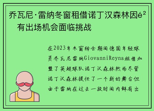 乔瓦尼·雷纳冬窗租借诺丁汉森林因鲜有出场机会面临挑战